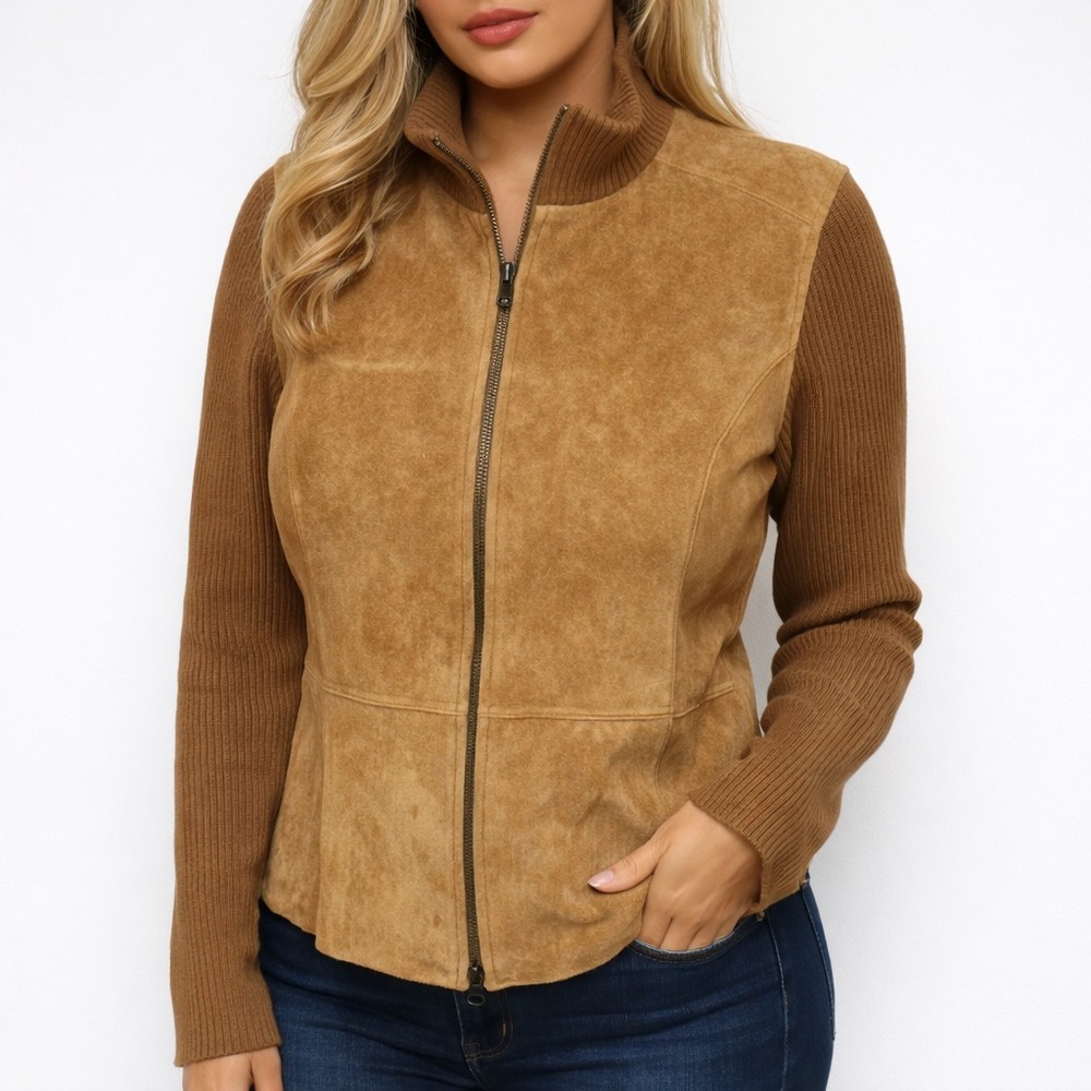 Vintage 90s Covington Suede Leather Jacket Women's Large Tan Ribbed Knit‎ Sleeve